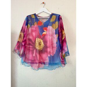 Hong Ngoc Womens Floral Print Sheer Silk Kimono Sleeve Blouse Top XXL Blue Pink